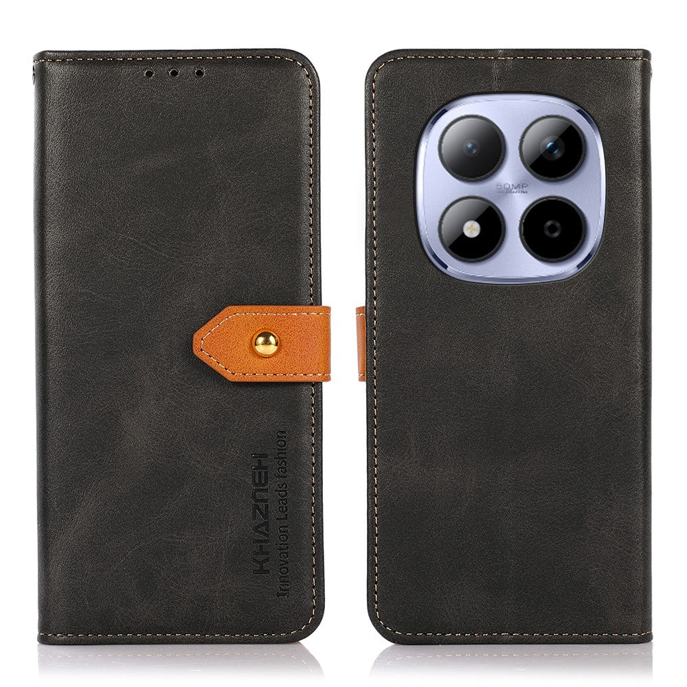 KHAZNEH For Xiaomi Redmi Note 15 Pro 4G (Global) Wallet Case Gold Magnetic Clasp Cowhide Texture Leather Flip Stand Phone Cover - Black