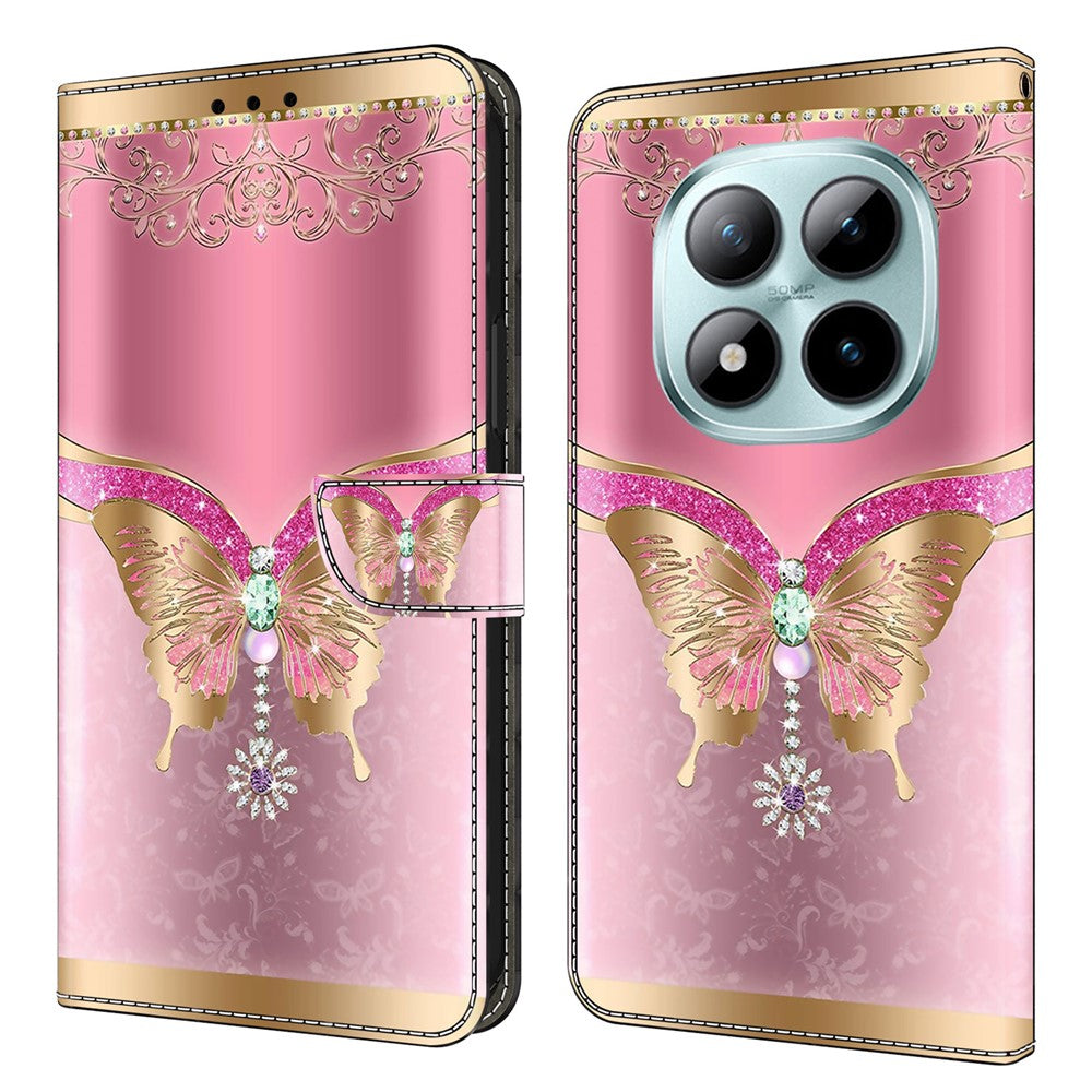 Wallet Case For Xiaomi Poco M8 5G / Redmi Note 15 5G (Global) / 15 4G (Global) 3D Pattern PU Leather Phone Cover with Stand - Pink  /  Gold Butterfly