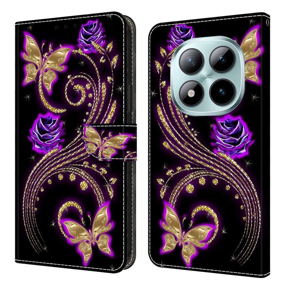 Wallet Case For Xiaomi Poco M8 5G / Redmi Note 15 5G (Global) / 15 4G (Global) 3D Pattern PU Leather Phone Cover with Stand - Purple Flowers  /  Butterflies