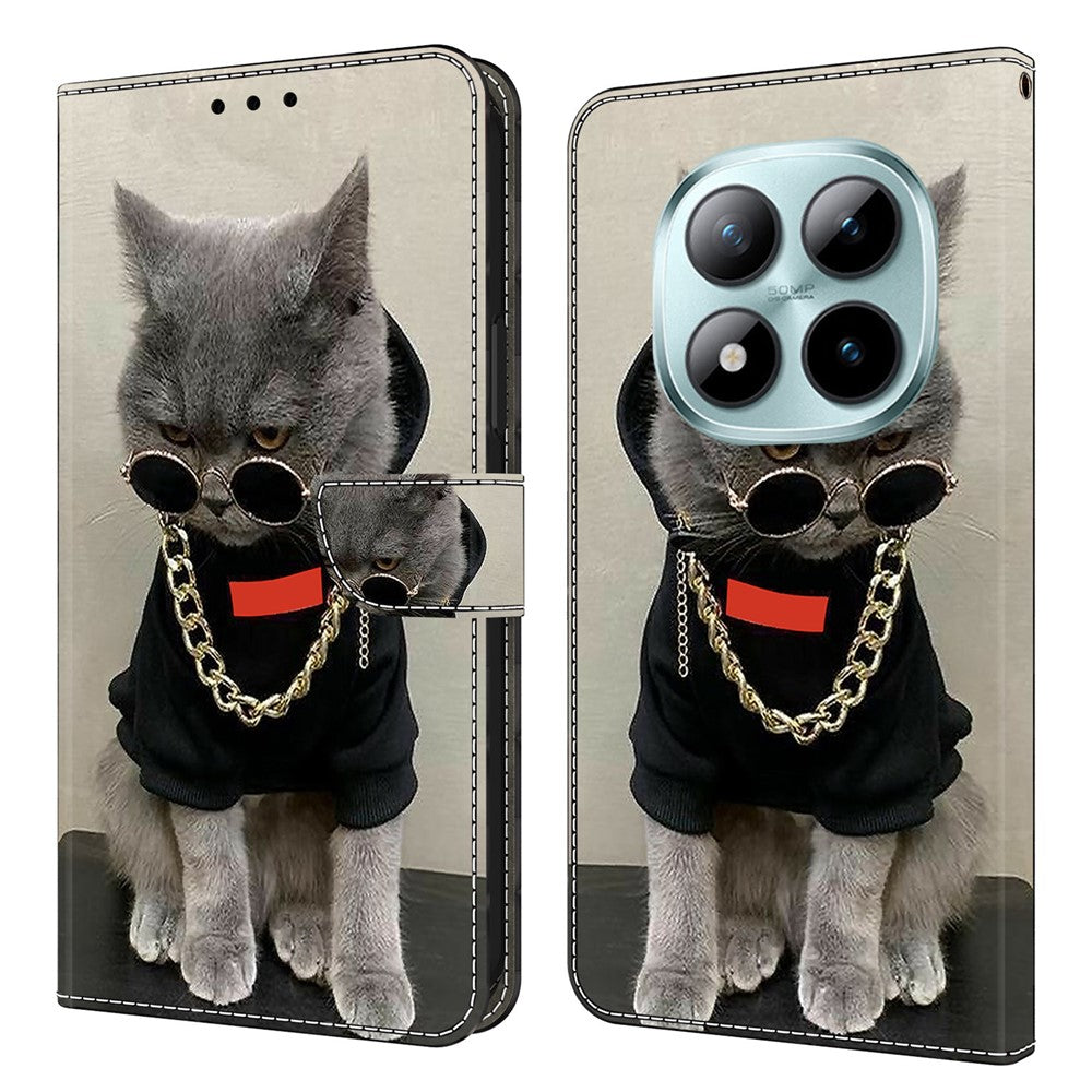 Leather Case For Xiaomi Poco M8 5G / Redmi Note 15 5G (Global) / 15 4G (Global) Pattern Printing Stand Flip Phone Cover - Cat with Glasses and Necklace