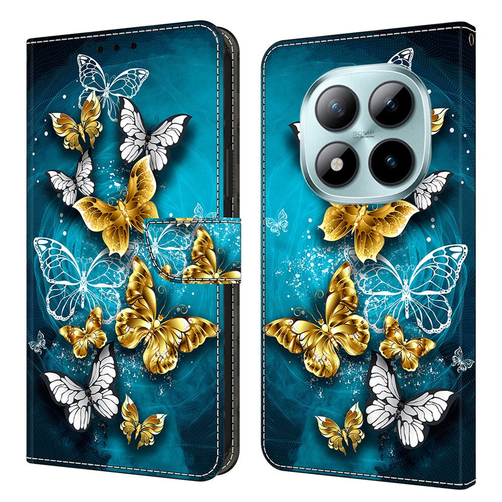 Wallet Case For Xiaomi Poco M8 5G / Redmi Note 15 5G (Global) / 15 4G (Global) Stand Pattern Printing PU Leather Flip Phone Cover - Gold Butterfly on Green