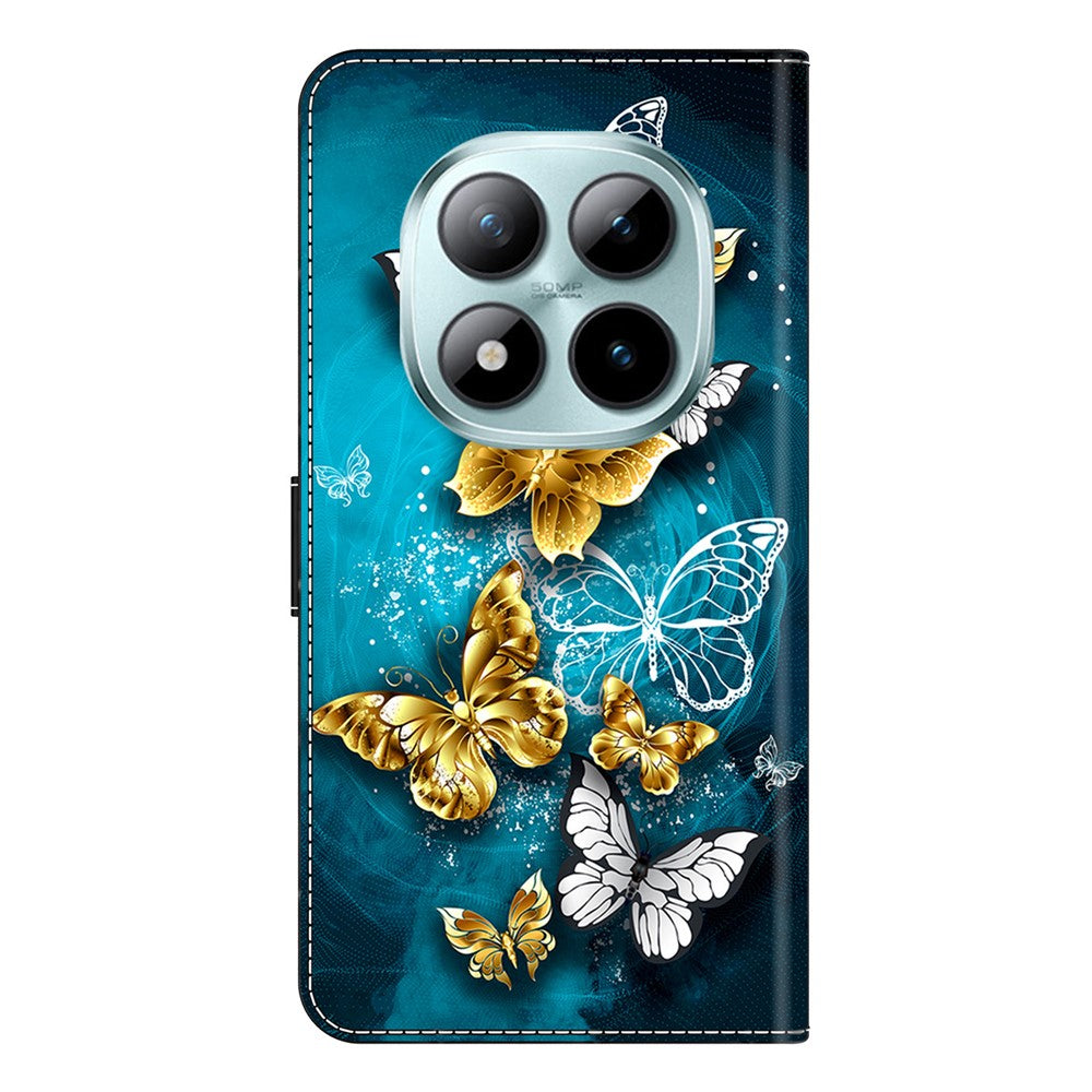 Wallet Case For Xiaomi Poco M8 5G / Redmi Note 15 5G (Global) / 15 4G (Global) Stand Pattern Printing PU Leather Flip Phone Cover - Gold Butterfly on Green
