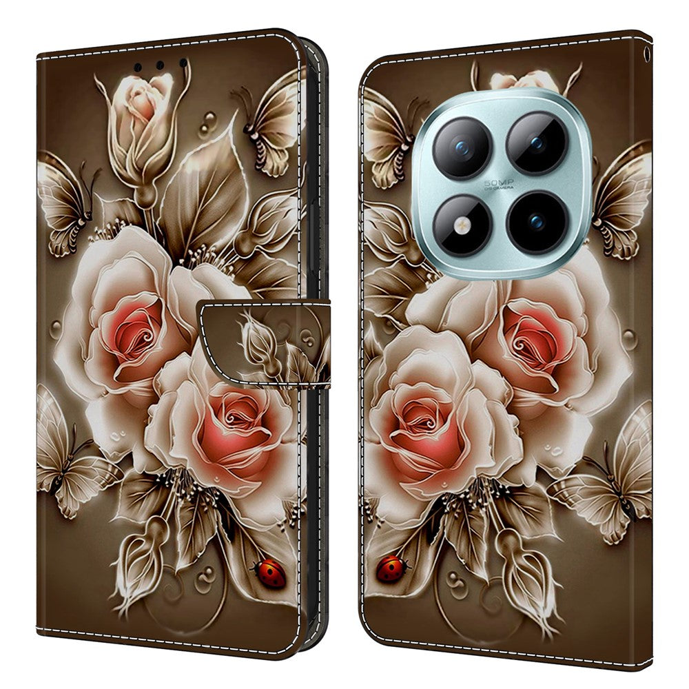 Wallet Case For Xiaomi Poco M8 5G / Redmi Note 15 5G (Global) / 15 4G (Global) Stand Pattern Printing PU Leather Flip Phone Cover - Brown Rose