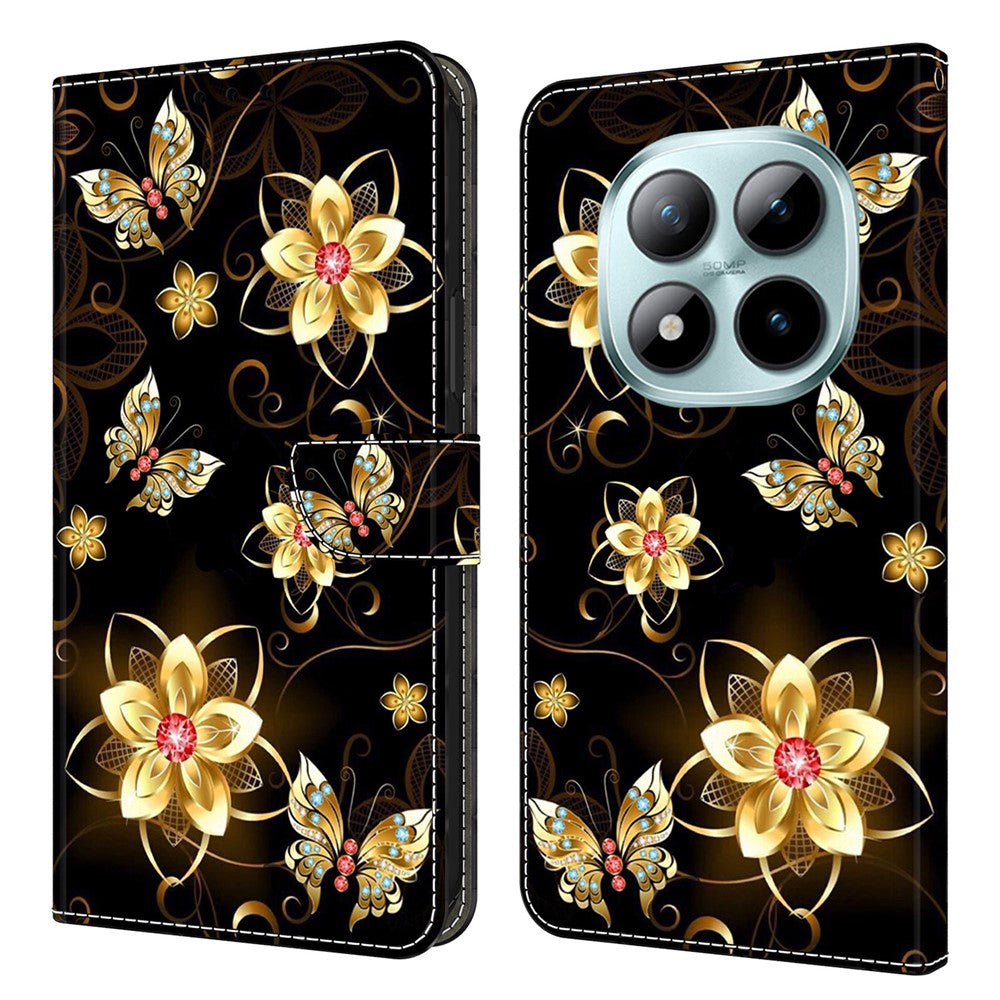 Wallet Case For Xiaomi Poco M8 5G / Redmi Note 15 5G (Global) / 15 4G (Global) Pattern Printing PU Leather Flip Stand Phone Cover - Golden Flowers and Butterflies