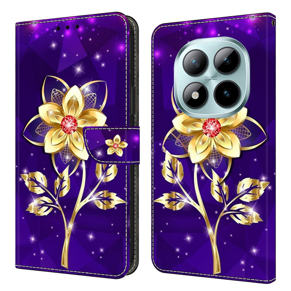 Wallet Case For Xiaomi Poco M8 5G / Redmi Note 15 5G (Global) / 15 4G (Global) Pattern Printing PU Leather Flip Stand Phone Cover - Golden Flowers on Purple