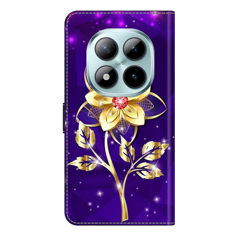 Wallet Case For Xiaomi Poco M8 5G / Redmi Note 15 5G (Global) / 15 4G (Global) Pattern Printing PU Leather Flip Stand Phone Cover - Golden Flowers on Purple