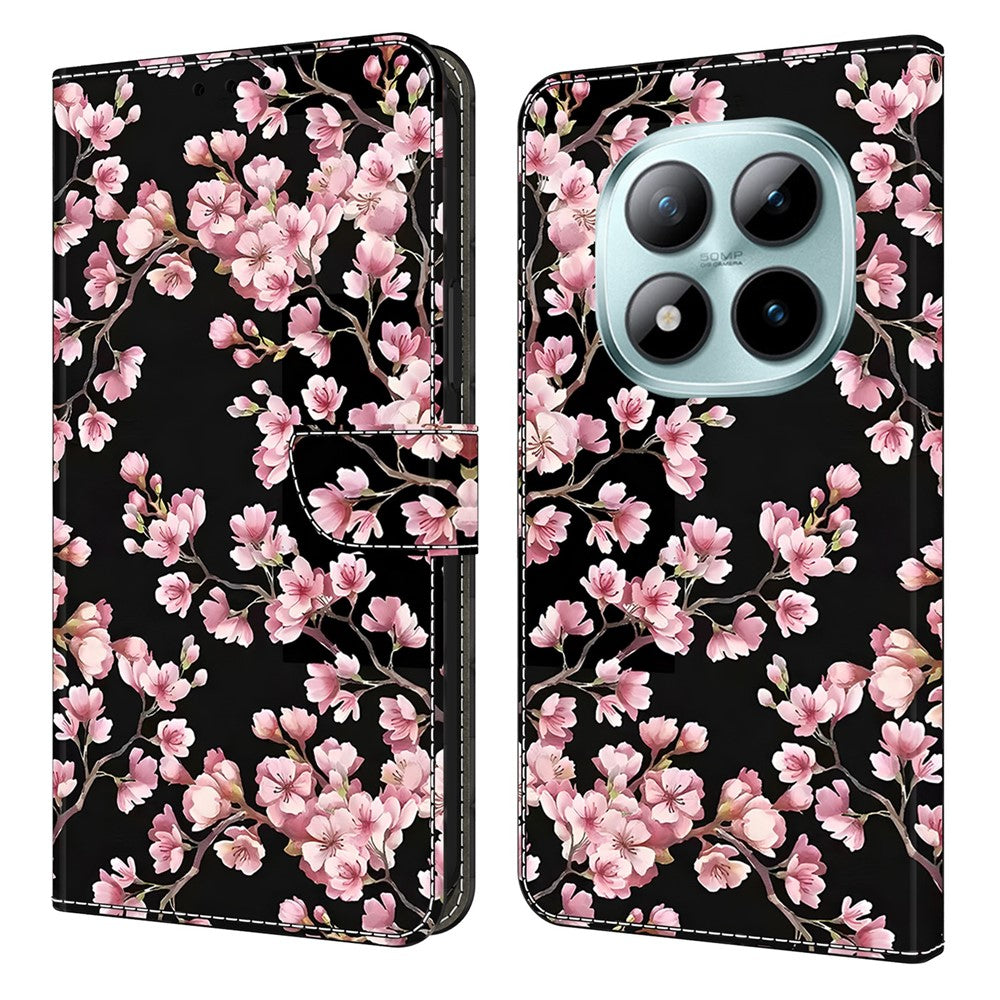 Wallet Case For Xiaomi Poco M8 5G / Redmi Note 15 5G (Global) / 15 4G (Global) Foldable Stand Pattern Printing PU Leather Flip Phone Cover - Peach Blossom