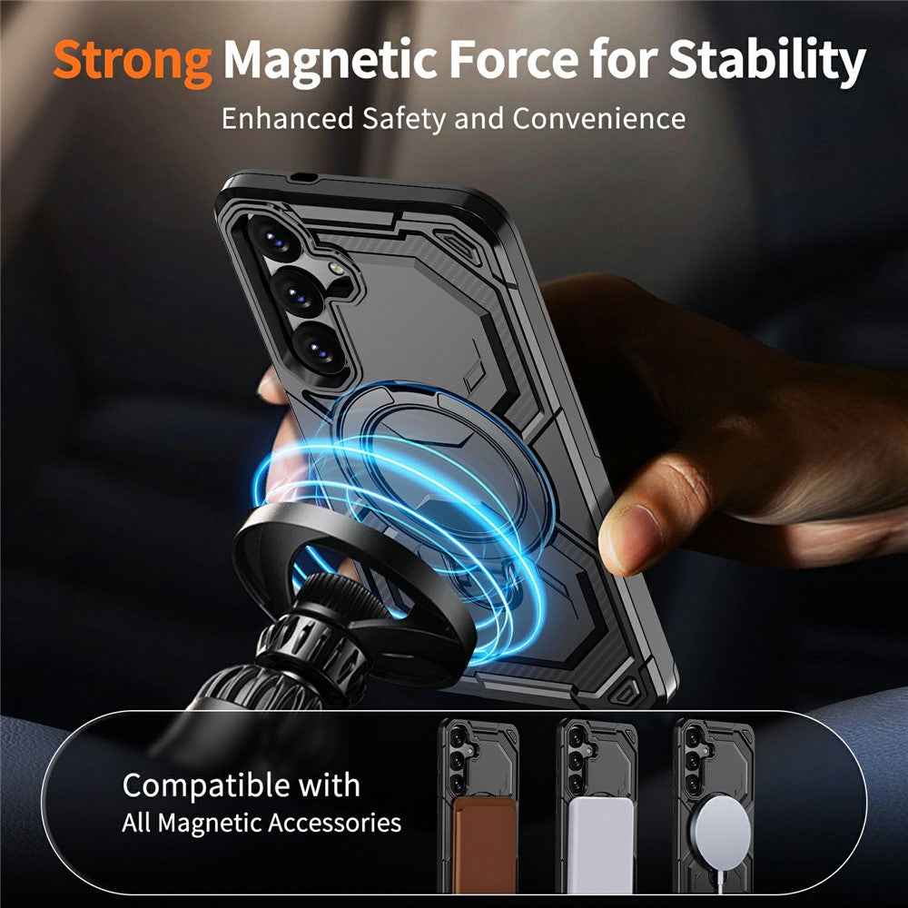 For Samsung Galaxy A57 5G Magnetic Case Ring Kickstand PC + TPU Hybrid Phone Cover - Black