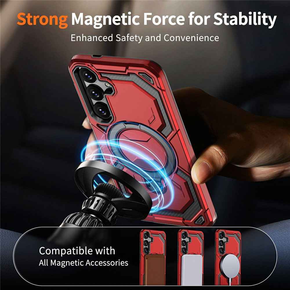 For Samsung Galaxy A57 5G Magnetic Case Ring Kickstand PC + TPU Hybrid Phone Cover - Red
