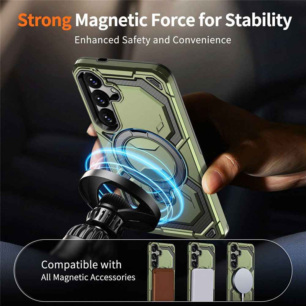 For Samsung Galaxy A57 5G Magnetic Case Ring Kickstand PC + TPU Hybrid Phone Cover - Green