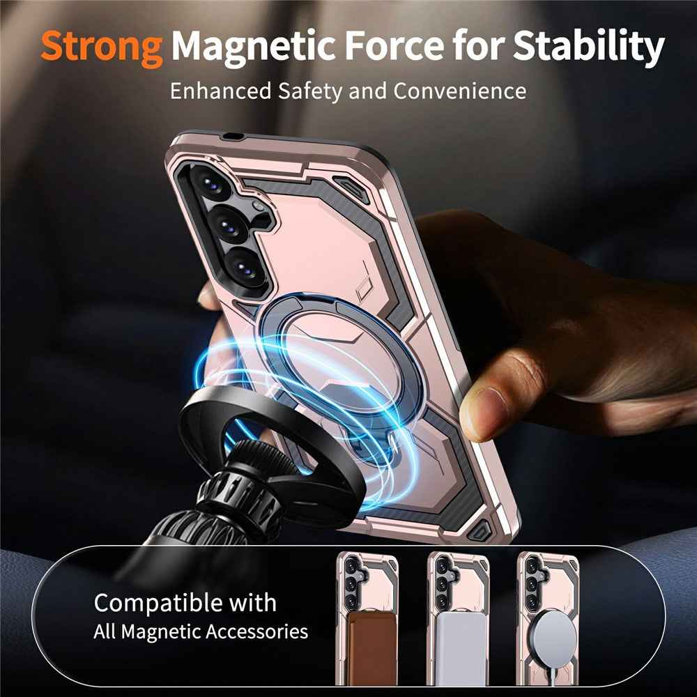 For Samsung Galaxy A57 5G Magnetic Case Ring Kickstand PC + TPU Hybrid Phone Cover - Rose Gold