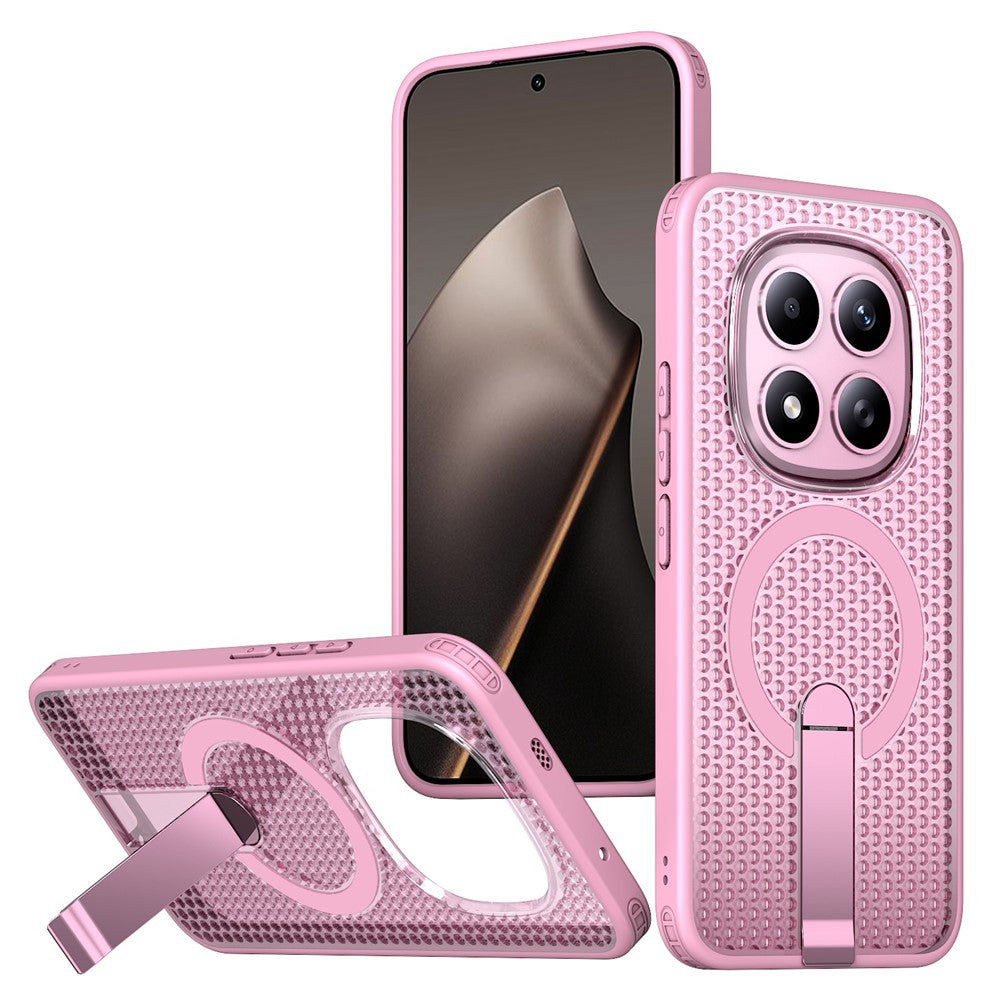 For Xiaomi Redmi Note 15 Pro 5G (Global) Magnetic Case Kickstand Grid Texture TPU PC Phone Back Cover - Pink