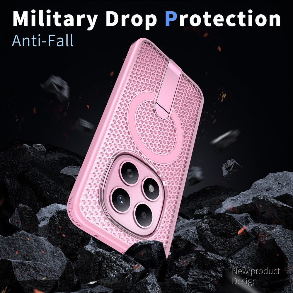 For Xiaomi Redmi Note 15 Pro 5G (Global) Magnetic Case Kickstand Grid Texture TPU PC Phone Back Cover - Pink