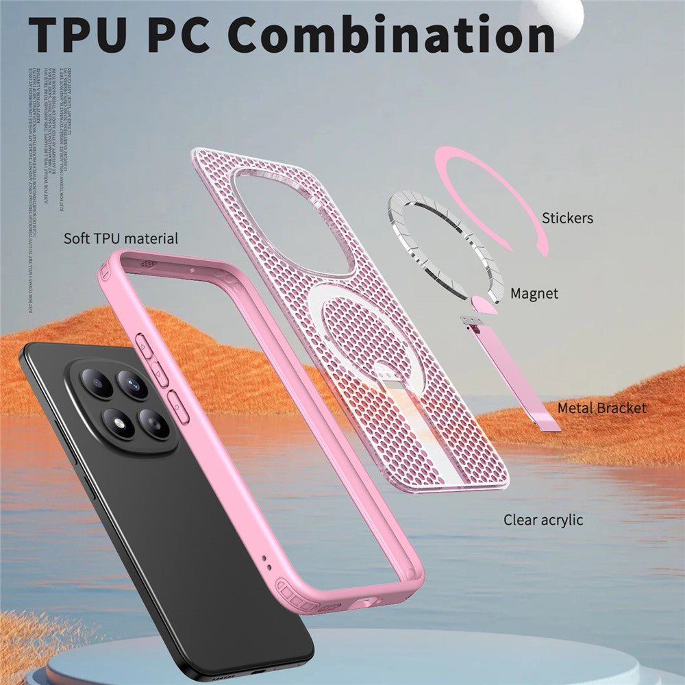 For Xiaomi Redmi Note 15 Pro 5G (Global) Magnetic Case Kickstand Grid Texture TPU PC Phone Back Cover - Pink
