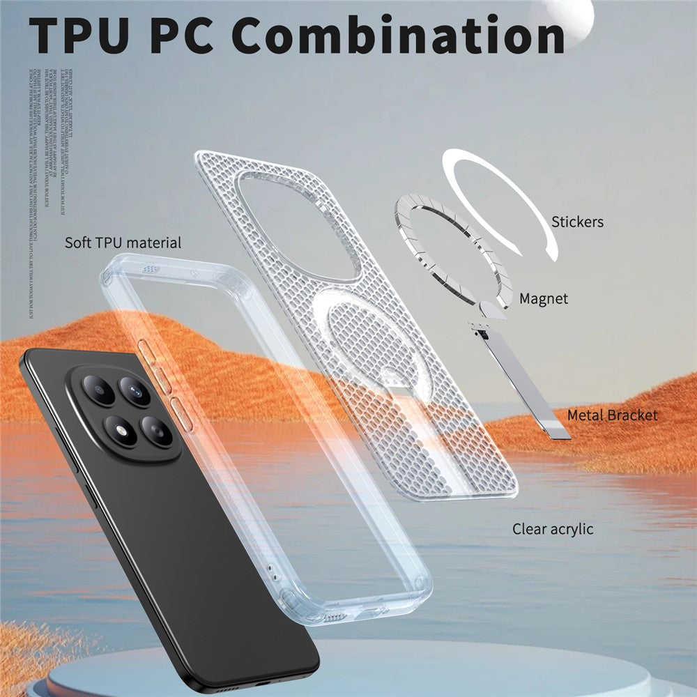 For Xiaomi Redmi Note 15 Pro+ 5G (Global) / Poco M8 Pro 5G Magnetic Case Kickstand Grid Texture TPU PC Phone Back Cover - Transparent