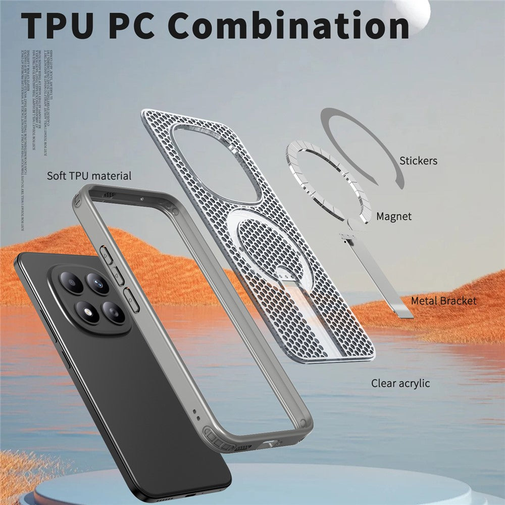 For Xiaomi Redmi Note 15 Pro+ 5G (Global) / Poco M8 Pro 5G Magnetic Case Kickstand Grid Texture TPU PC Phone Back Cover - Titanium Grey