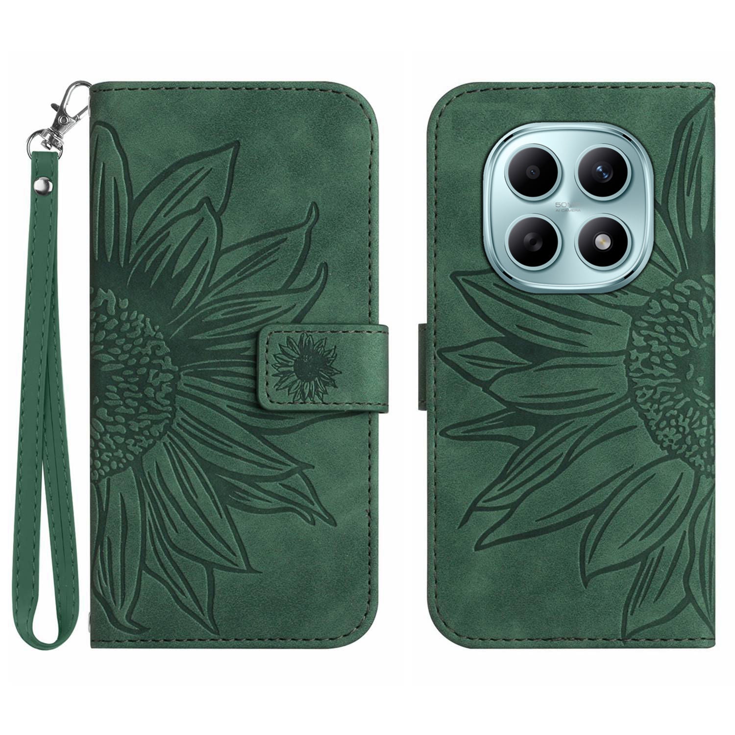 For Xiaomi Poco M8 5G / Redmi Note 15 5G (Global) / 15 4G (Global) Case Sunflower Imprint Leather Wallet Phone Cover with Wrist Strap - Dark Green