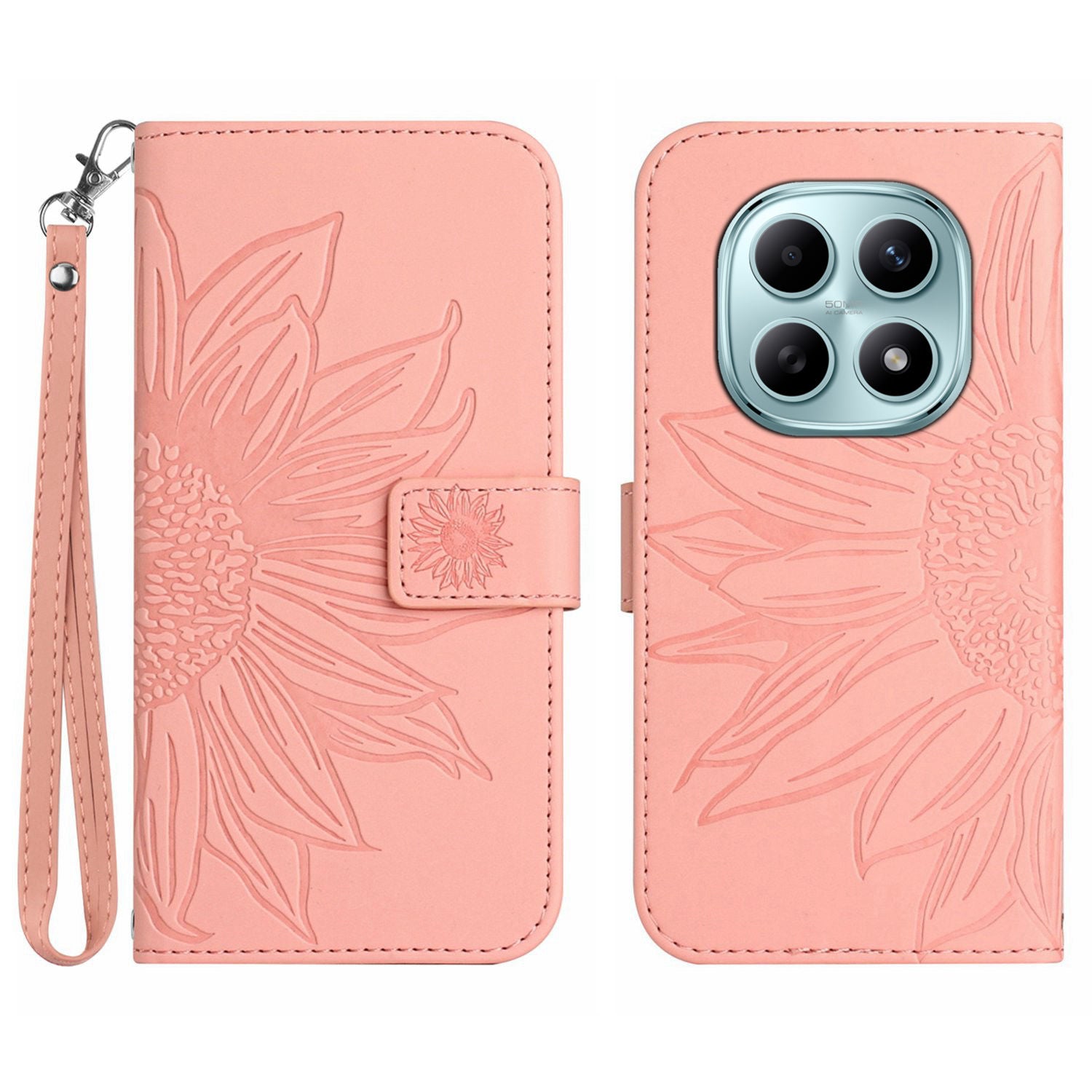 For Xiaomi Poco M8 5G / Redmi Note 15 5G (Global) / 15 4G (Global) Case Sunflower Imprint Leather Wallet Phone Cover with Wrist Strap - Pink