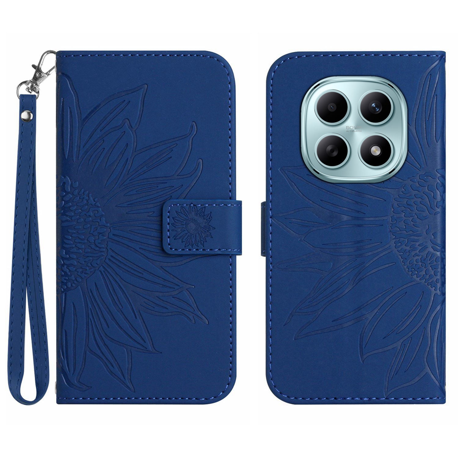 For Xiaomi Poco M8 5G / Redmi Note 15 5G (Global) / 15 4G (Global) Case Sunflower Imprint Leather Wallet Phone Cover with Wrist Strap - Sapphire