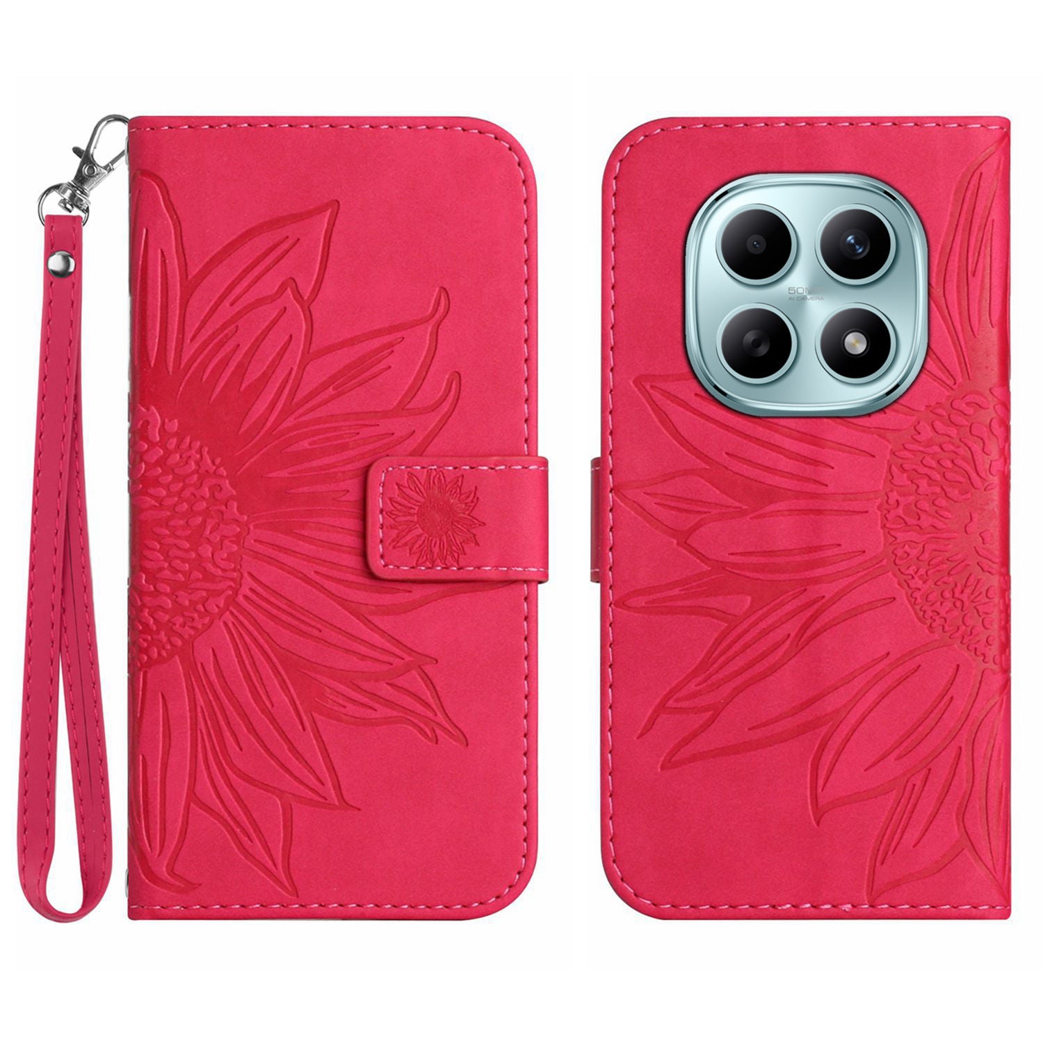For Xiaomi Poco M8 5G / Redmi Note 15 5G (Global) / 15 4G (Global) Case Sunflower Imprint Leather Wallet Phone Cover with Wrist Strap - Rose