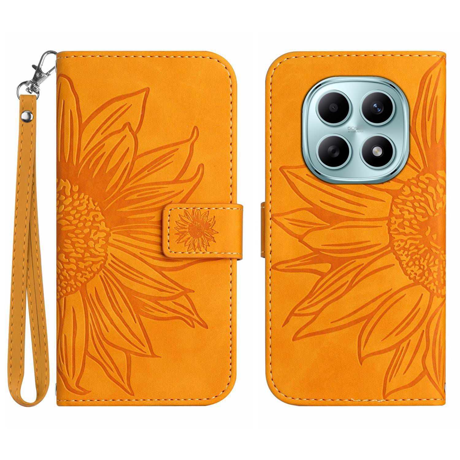 For Xiaomi Poco M8 5G / Redmi Note 15 5G (Global) / 15 4G (Global) Case Sunflower Imprint Leather Wallet Phone Cover with Wrist Strap - Yellow