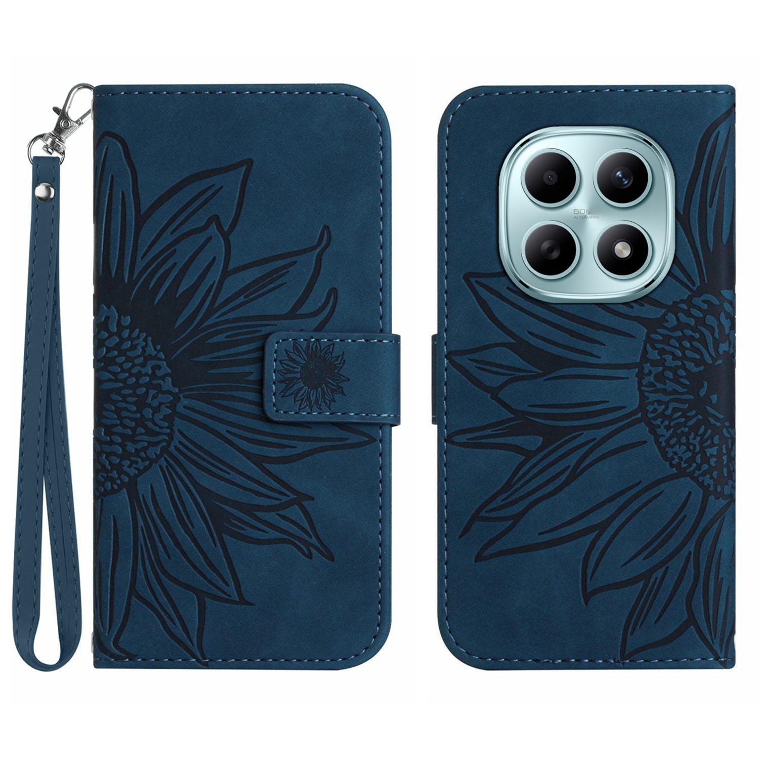 For Xiaomi Poco M8 5G / Redmi Note 15 5G (Global) / 15 4G (Global) Case Sunflower Imprint Leather Wallet Phone Cover with Wrist Strap - Dark Blue