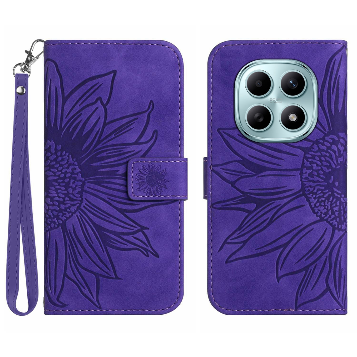 For Xiaomi Poco M8 5G / Redmi Note 15 5G (Global) / 15 4G (Global) Case Sunflower Imprint Leather Wallet Phone Cover with Wrist Strap - Dark Purple