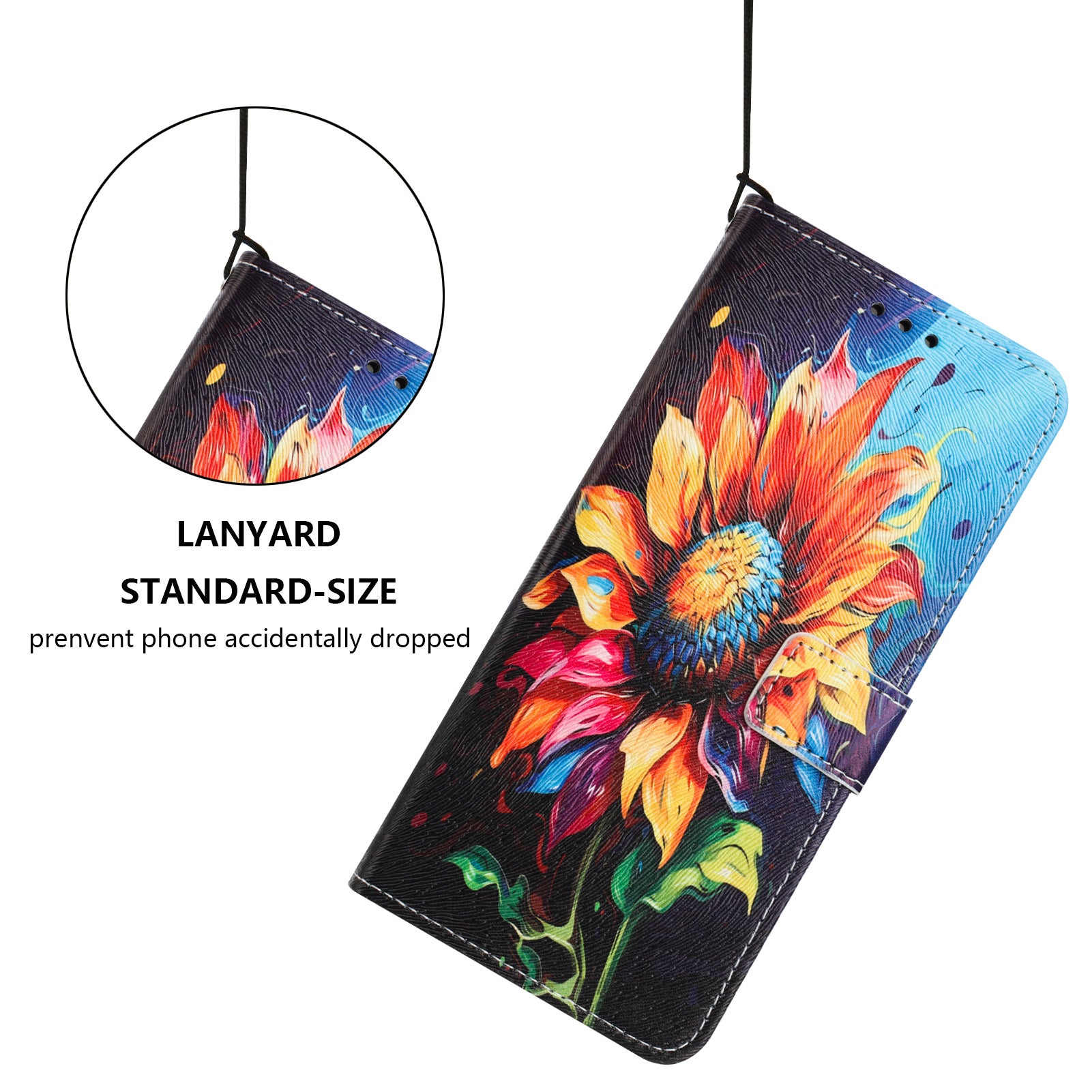 For Xiaomi Poco M8 Pro 5G / Redmi Note 15 Pro+ 5G (Global) Wallet Case Pattern Printing PU Leather Phone Cover with Lanyard - Sunflower