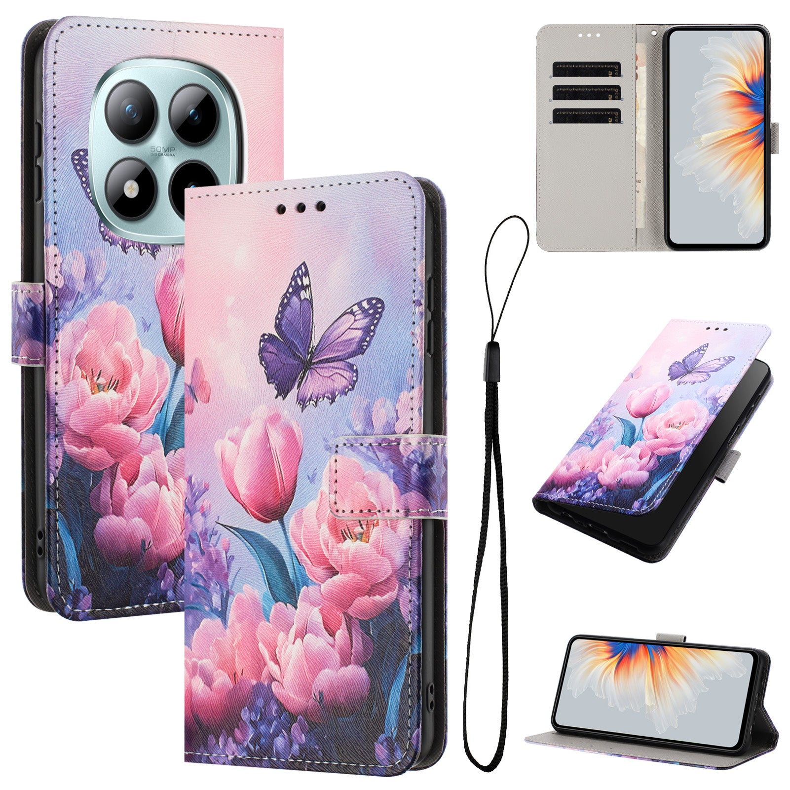 For Xiaomi Poco M8 Pro 5G / Redmi Note 15 Pro+ 5G (Global) Wallet Case Pattern Printing PU Leather Phone Cover with Lanyard - Pink Flower Butterfly