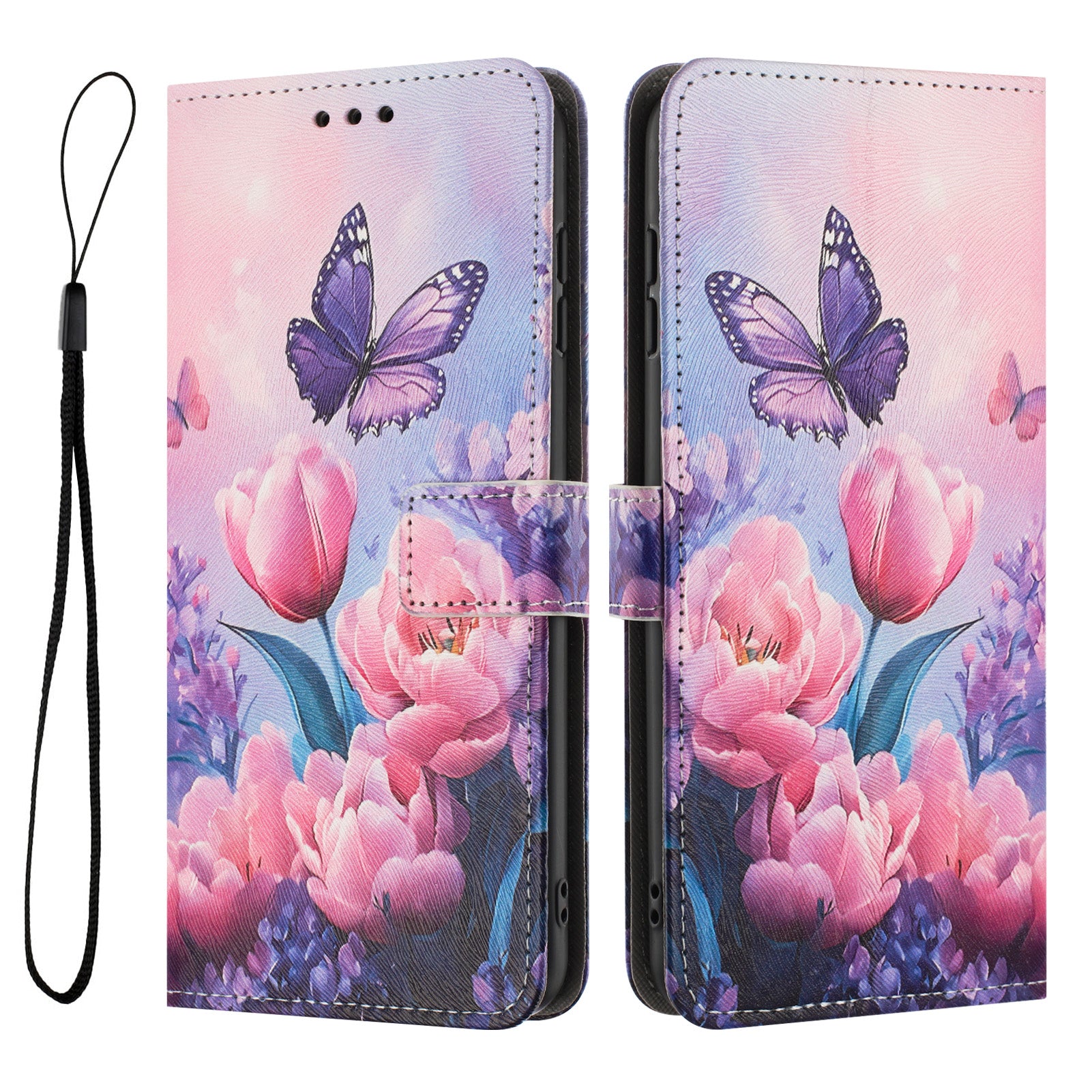 For Xiaomi Poco M8 Pro 5G / Redmi Note 15 Pro+ 5G (Global) Wallet Case Pattern Printing PU Leather Phone Cover with Lanyard - Pink Flower Butterfly