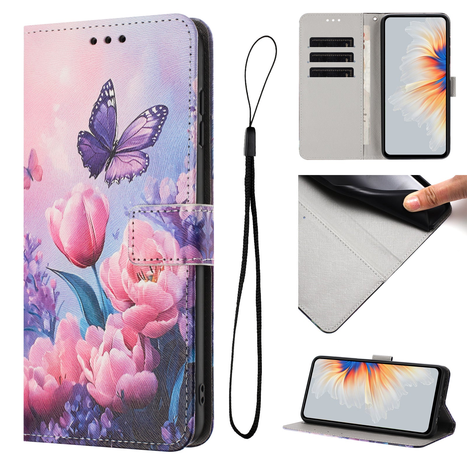 For Xiaomi Poco M8 Pro 5G / Redmi Note 15 Pro+ 5G (Global) Wallet Case Pattern Printing PU Leather Phone Cover with Lanyard - Pink Flower Butterfly