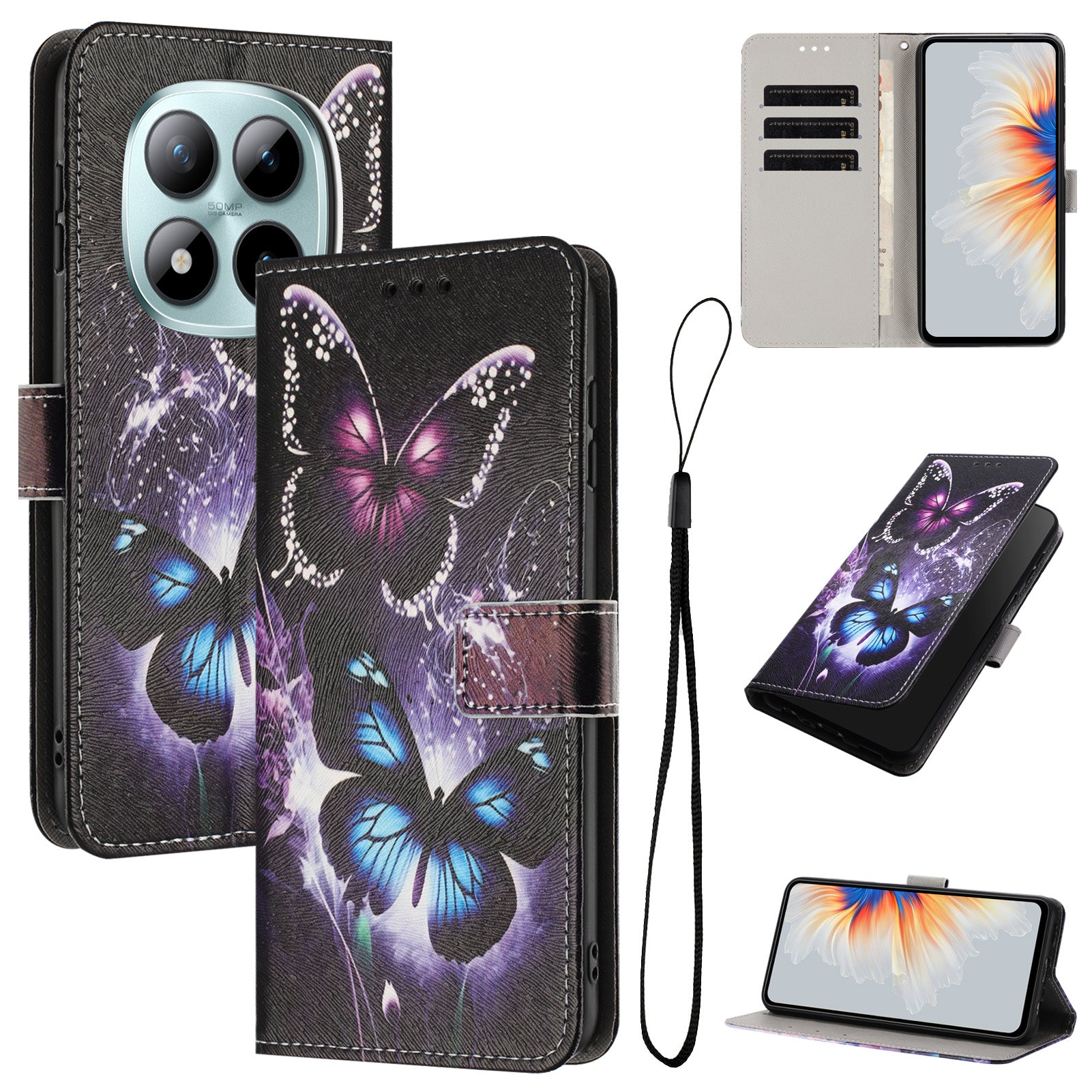 For Xiaomi Poco M8 Pro 5G / Redmi Note 15 Pro+ 5G (Global) Wallet Case Pattern Printing PU Leather Phone Cover with Lanyard - Two Butterflies