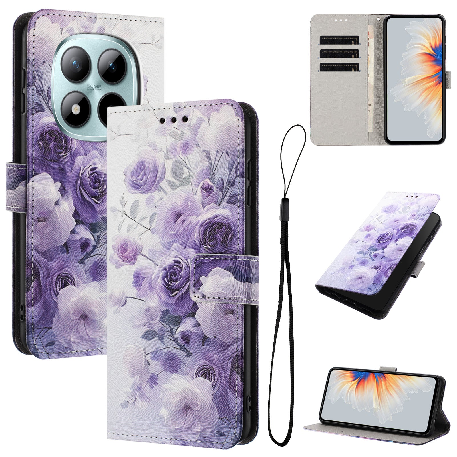 For Xiaomi Poco M8 Pro 5G / Redmi Note 15 Pro+ 5G (Global) Wallet Case Pattern Printing PU Leather Phone Cover with Lanyard - Purple Rose