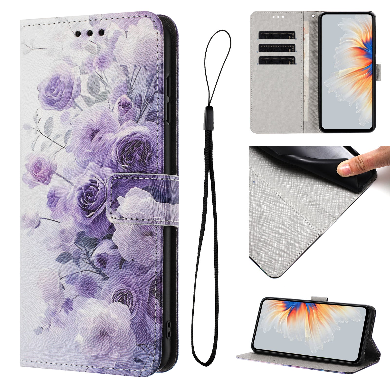 For Xiaomi Poco M8 Pro 5G / Redmi Note 15 Pro+ 5G (Global) Wallet Case Pattern Printing PU Leather Phone Cover with Lanyard - Purple Rose