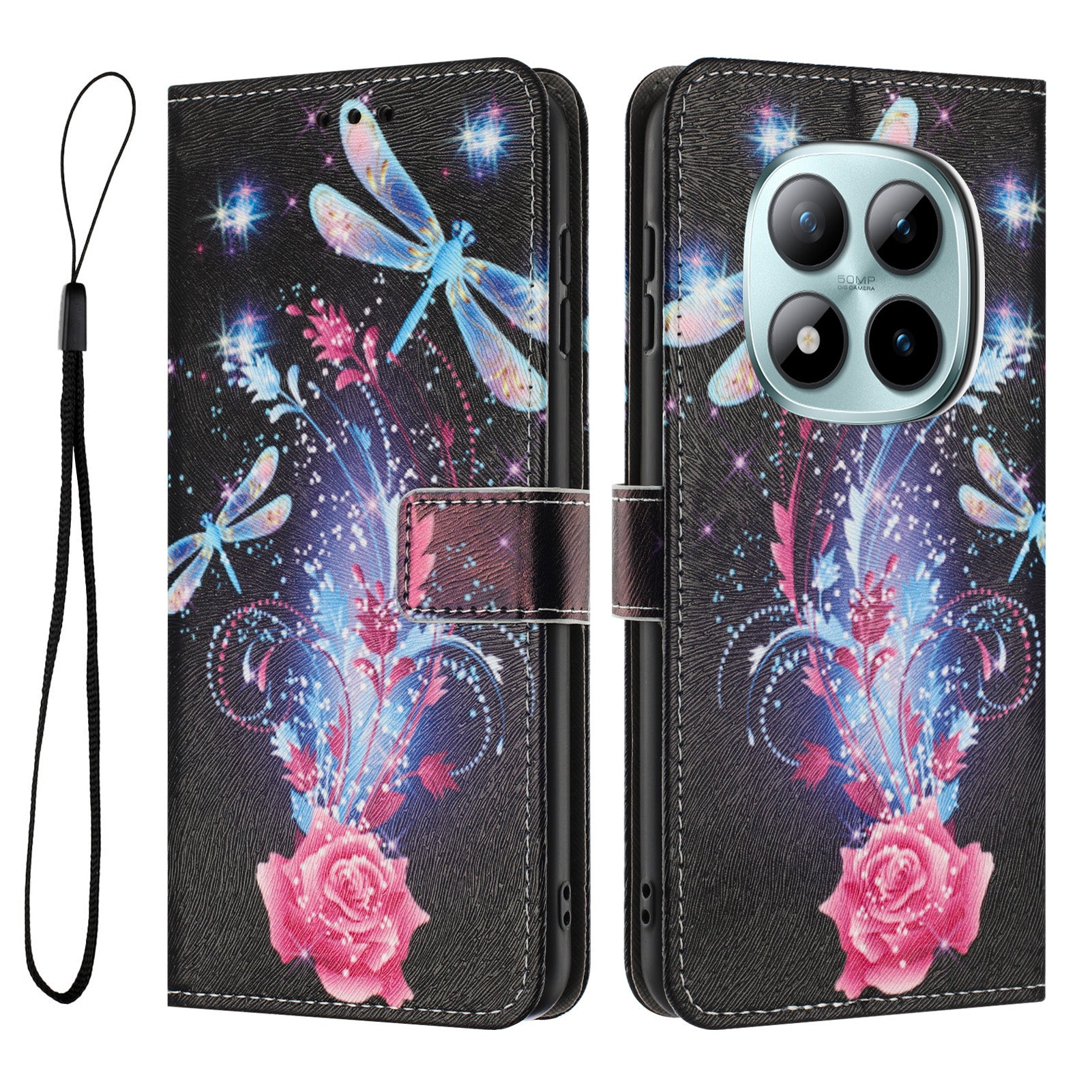 For Xiaomi Poco M8 Pro 5G / Redmi Note 15 Pro+ 5G (Global) Wallet Case Pattern Printing PU Leather Phone Cover with Lanyard - Dragonfly