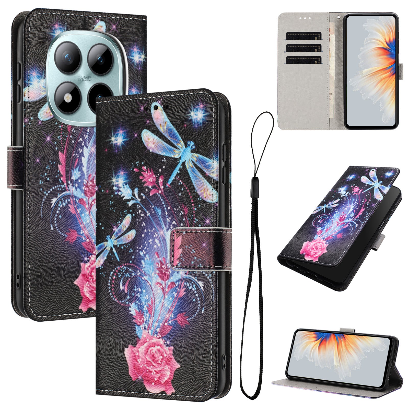 For Xiaomi Poco M8 Pro 5G / Redmi Note 15 Pro+ 5G (Global) Wallet Case Pattern Printing PU Leather Phone Cover with Lanyard - Dragonfly