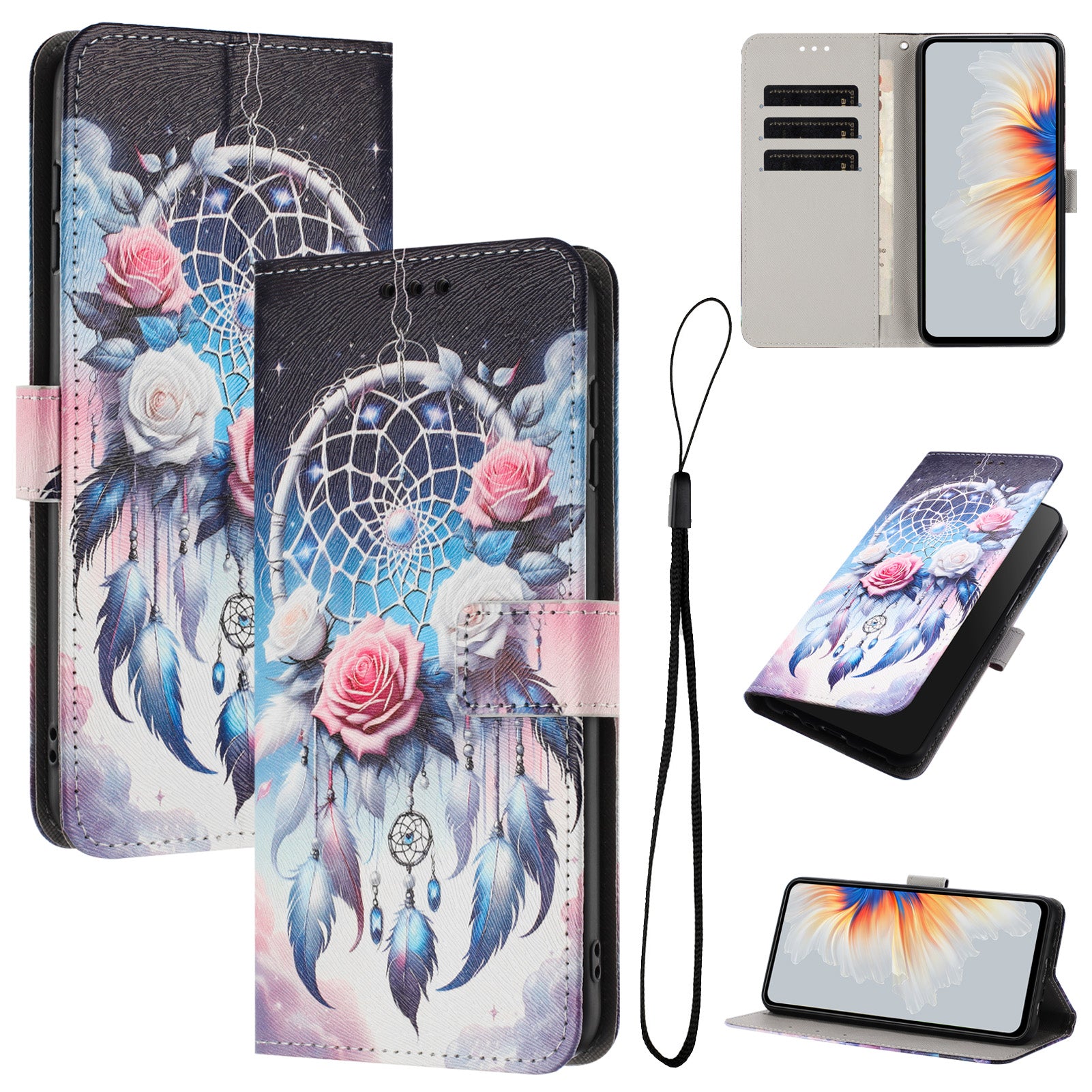 For Xiaomi Poco M8 Pro 5G / Redmi Note 15 Pro+ 5G (Global) Wallet Case Pattern Printing PU Leather Phone Cover with Lanyard - Flower Wind Chime