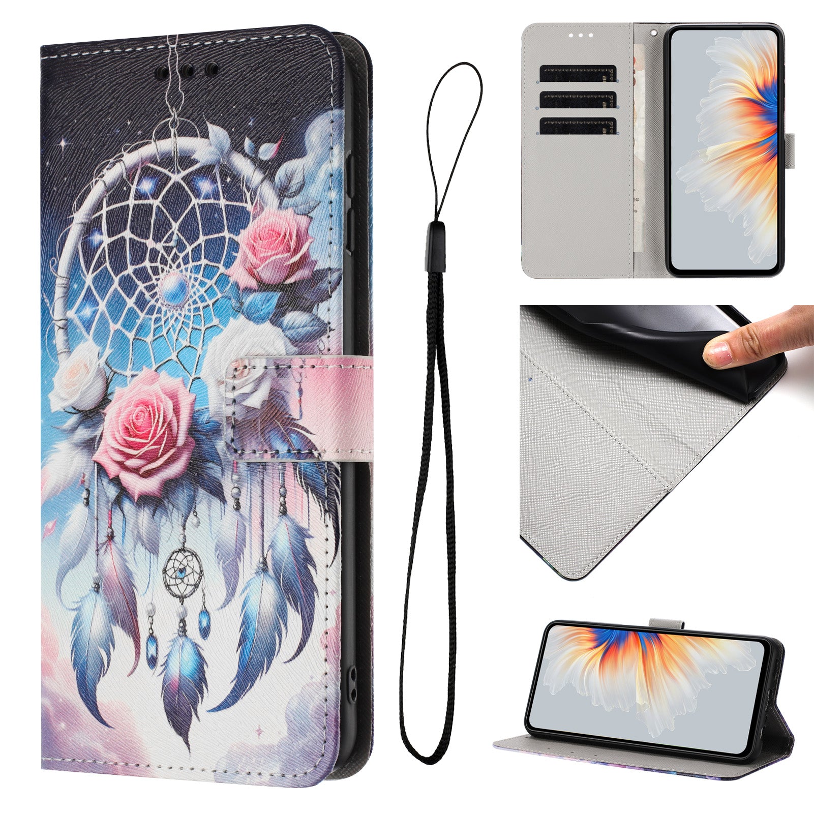 For Xiaomi Poco M8 Pro 5G / Redmi Note 15 Pro+ 5G (Global) Wallet Case Pattern Printing PU Leather Phone Cover with Lanyard - Flower Wind Chime
