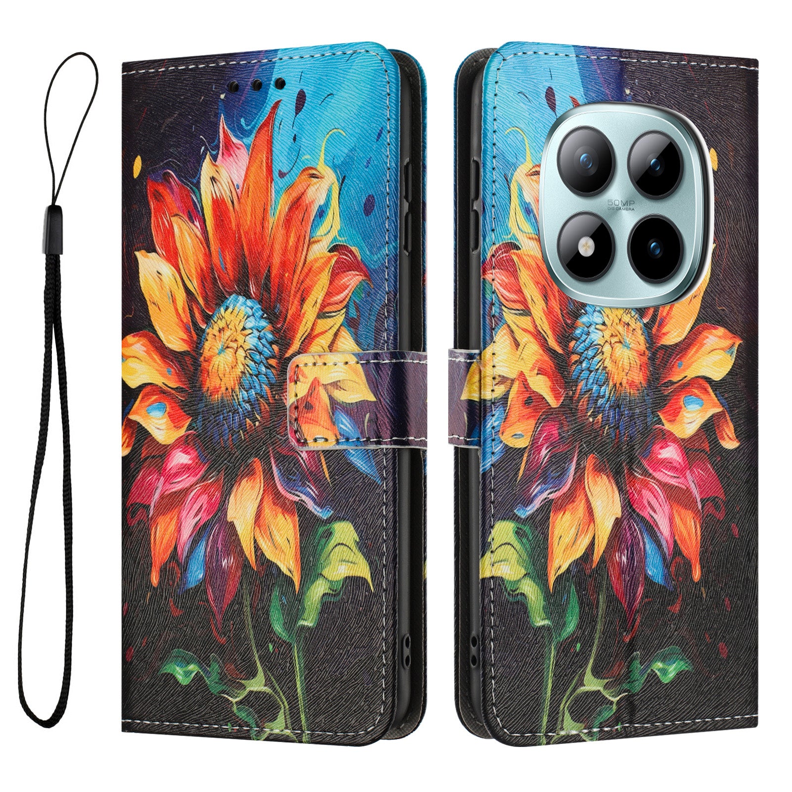 For Xiaomi Redmi Note 15 Pro 5G (Global) Wallet Case Pattern Printing PU Leather Phone Cover with Lanyard - Sunflower