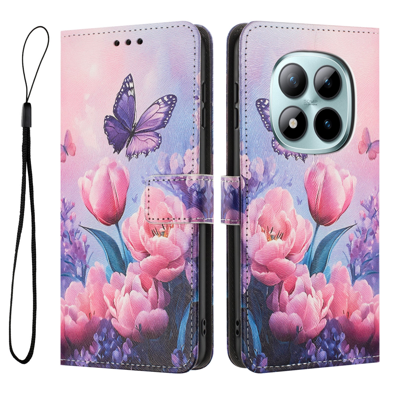 For Xiaomi Redmi Note 15 Pro 5G (Global) Wallet Case Pattern Printing PU Leather Phone Cover with Lanyard - Pink Flower Butterfly