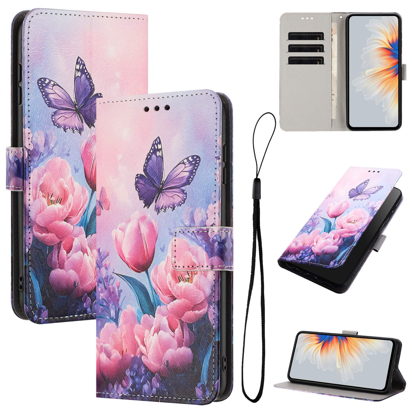 For Xiaomi Redmi Note 15 Pro 5G (Global) Wallet Case Pattern Printing PU Leather Phone Cover with Lanyard - Pink Flower Butterfly