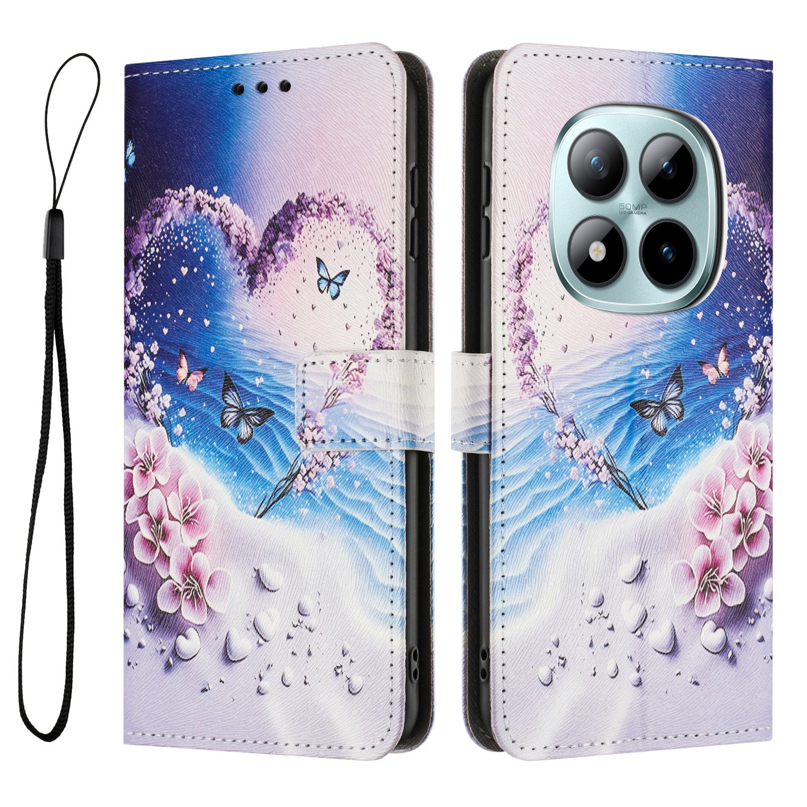 For Xiaomi Redmi Note 15 Pro 5G (Global) Wallet Case Pattern Printing PU Leather Phone Cover with Lanyard - Heart Butterfly