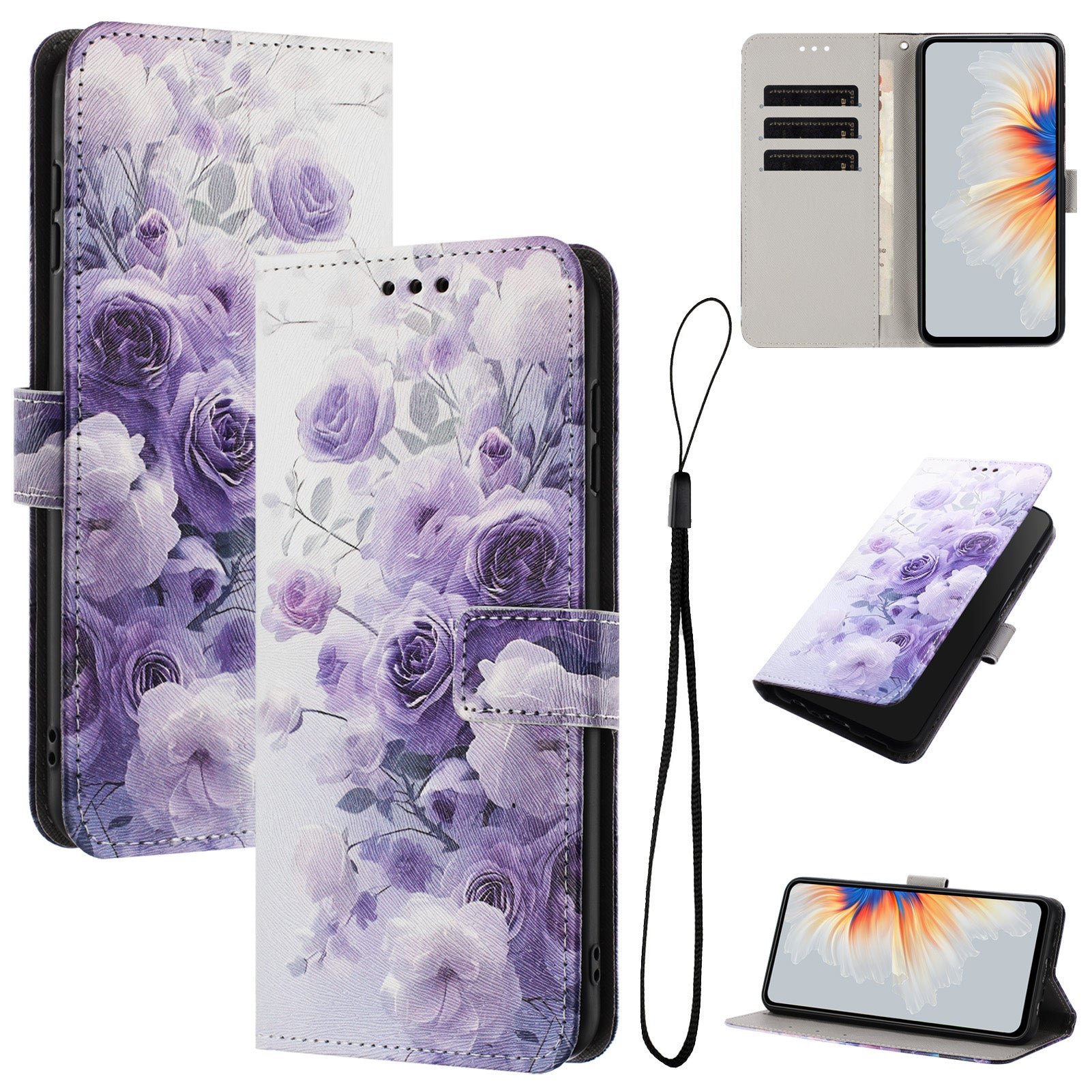 For Xiaomi Redmi Note 15 Pro 5G (Global) Wallet Case Pattern Printing PU Leather Phone Cover with Lanyard - Purple Rose