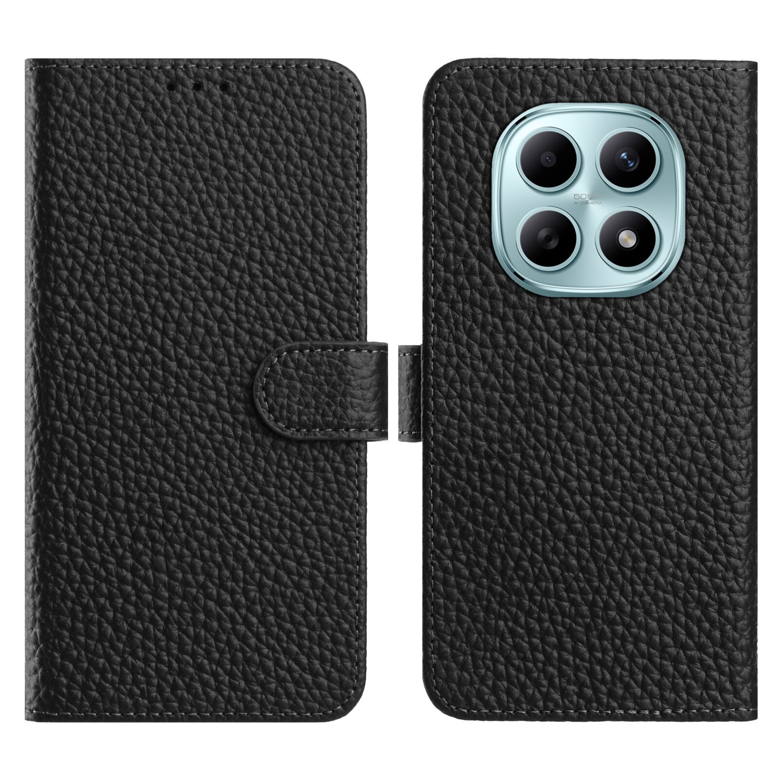 For Xiaomi Poco M8 5G / Redmi Note 15 5G (Global) / 15 4G (Global) Case Wallet Stand Litchi Texture Genuine Cow Leather Flip Phone Cover - Black