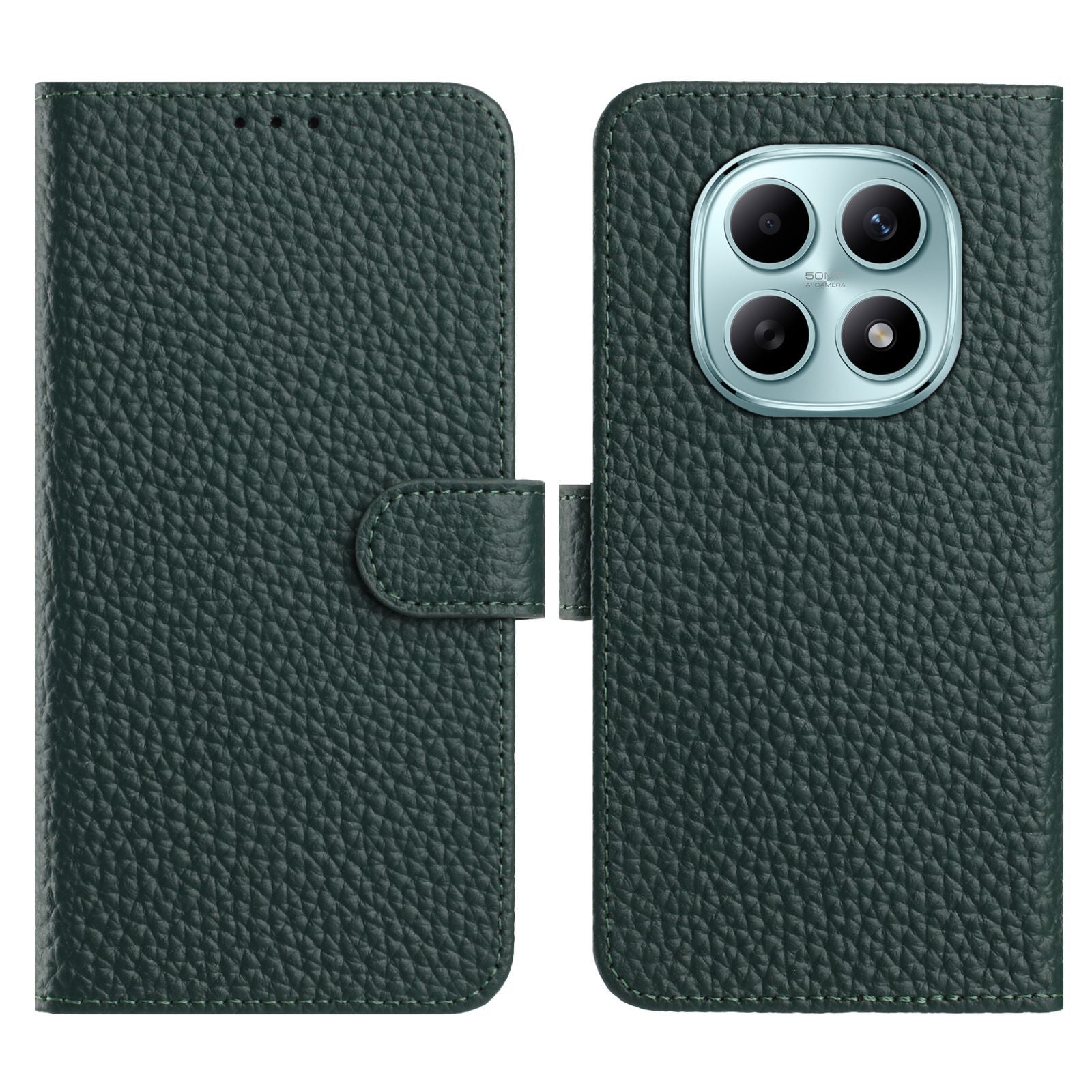 For Xiaomi Poco M8 5G / Redmi Note 15 5G (Global) / 15 4G (Global) Case Wallet Stand Litchi Texture Genuine Cow Leather Flip Phone Cover - Green
