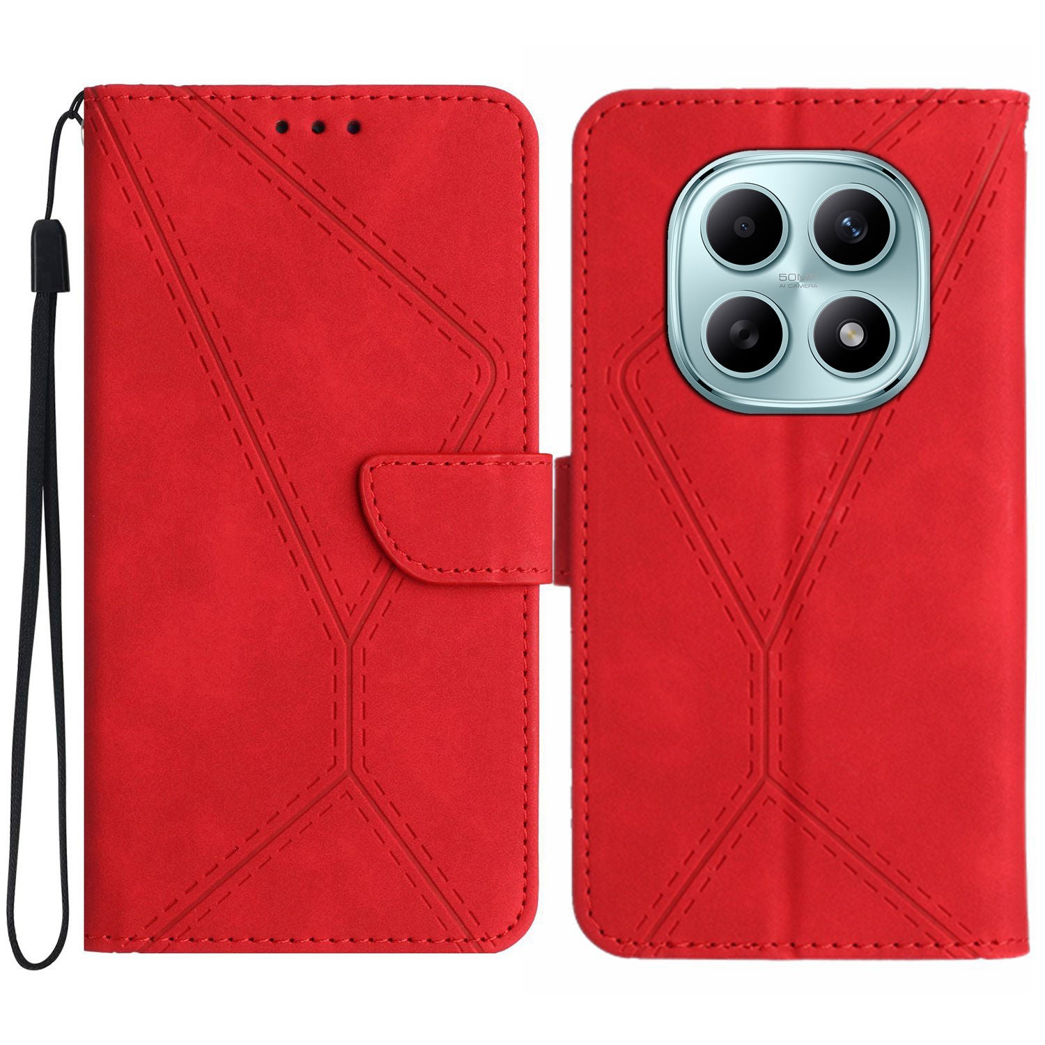 For Xiaomi Poco M8 5G / Redmi Note 15 5G (Global) / 15 4G (Global) Case Skin Touch Lines Imprinted PU Leather Flip Phone Cover - Red