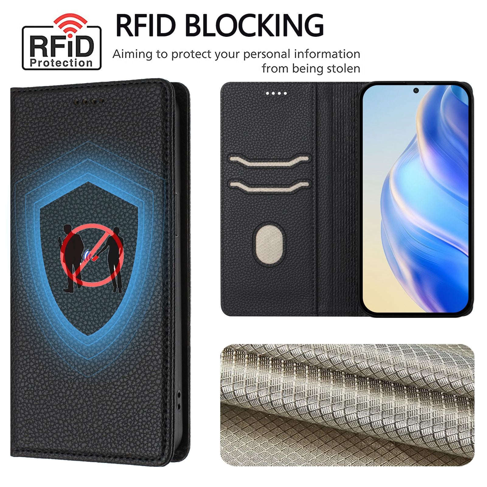 For Xiaomi Redmi Note 15 Pro 4G (Global) Wallet Case RFID Blocking Litchi Texture Leather Mobile Cover - Black