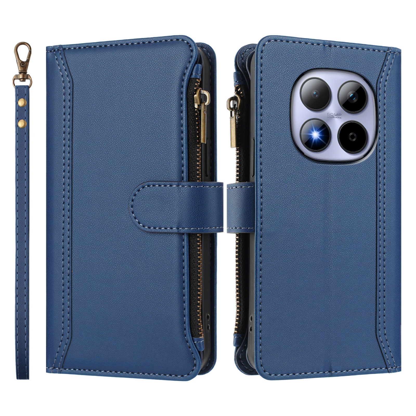 For Xiaomi Redmi Note 15 Pro 4G (Global) Leather Case 9 Card Slots Zipper Wallet Stand Phone Cover with Wrist Strap - Dark Blue