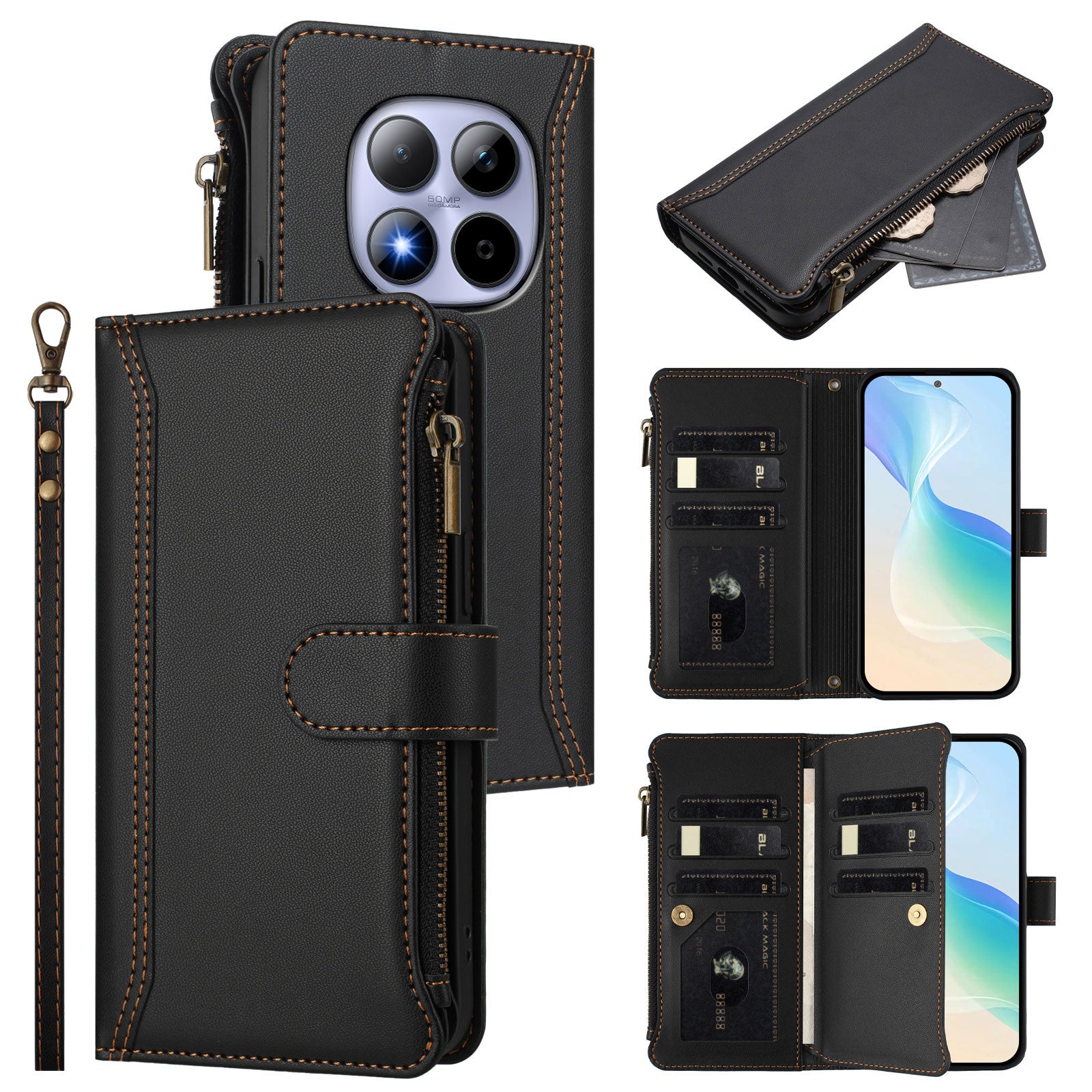 For Xiaomi Redmi Note 15 Pro 4G (Global) Leather Case 9 Card Slots Zipper Wallet Stand Phone Cover with Wrist Strap - Black