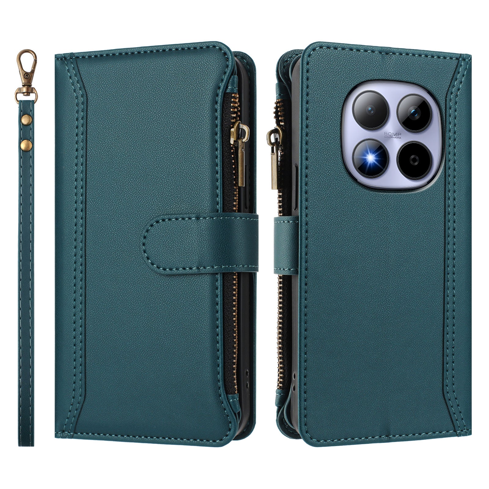 For Xiaomi Redmi Note 15 Pro 4G (Global) Leather Case 9 Card Slots Zipper Wallet Stand Phone Cover with Wrist Strap - Dark Green